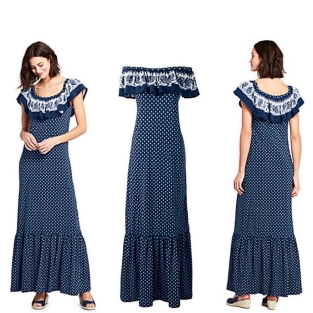 lands end knit maxi dress Blue White Cotton Modal Stretch Ruffle Sz M 10/12 rise:High Rise